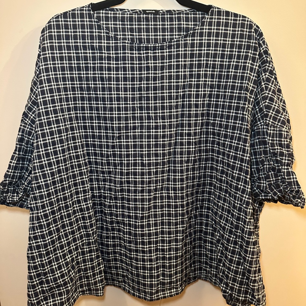 apuntob Plaid Blouse - XL - Navy and White